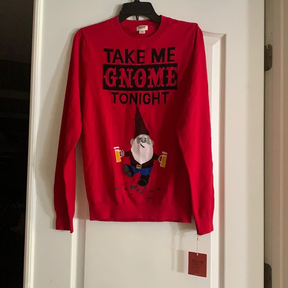 Mossimo red “Take Me Gnome Tonight” ugly Christmas sweater, size small, NWT